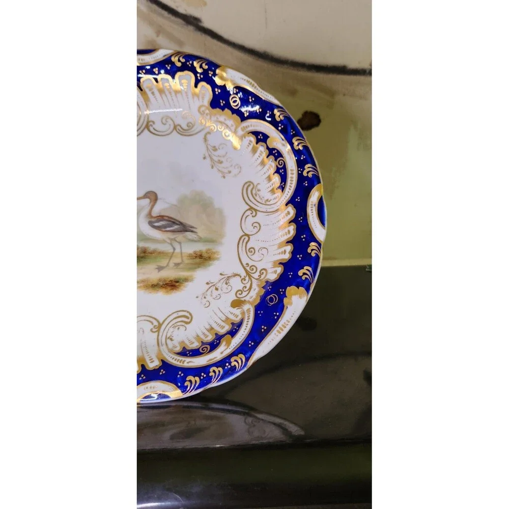 Antique Coalport Hand Painted Game Bird Compote Floral Cobalt Gold Tazza Comport